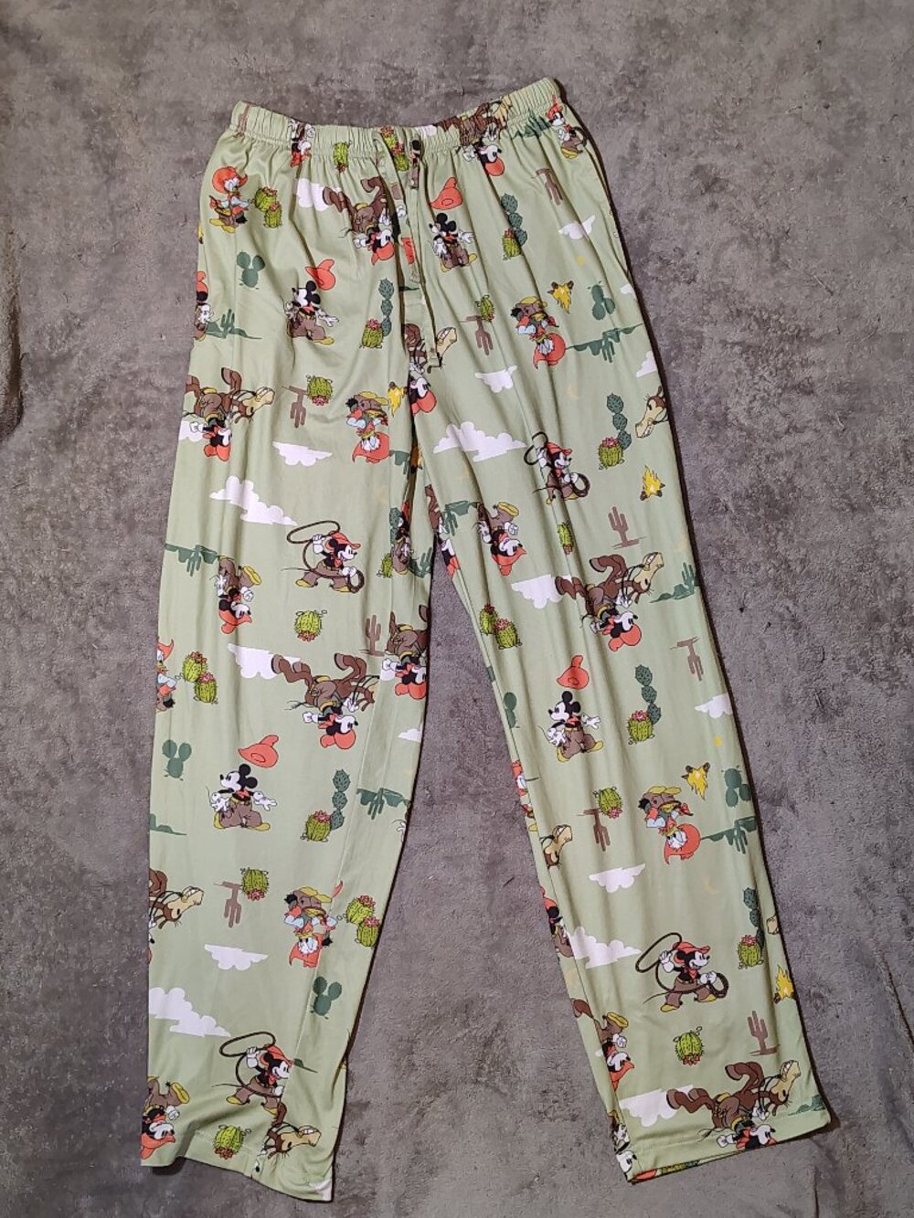 Disney Mickey Mouse Pajama Lounge Pants Western Cowboy Donald Duck Campfire Lrg